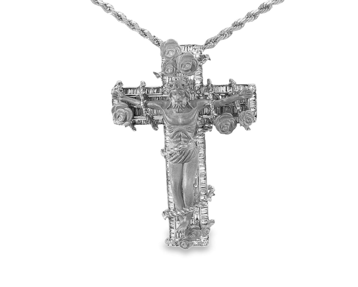 10k Gold Diamond Cross Pendant with Jesus & Floral Accents 3.4ct - AVI THE JEWELER