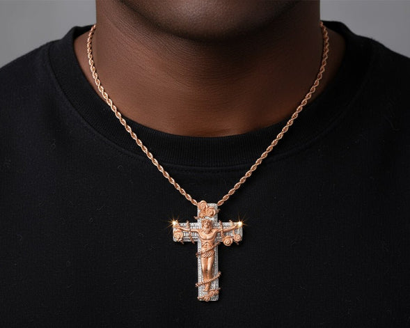 10k Gold Diamond Cross Pendant with Jesus & Floral Accents 3.4ct - AVI THE JEWELER