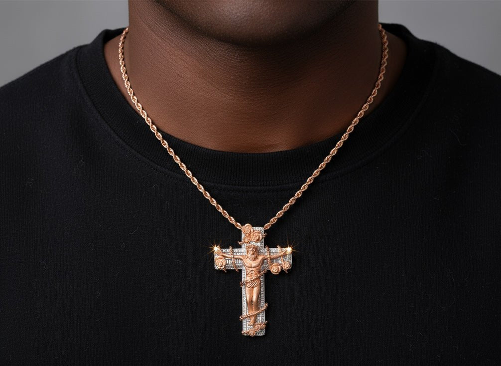 10k Gold Diamond Cross Pendant with Jesus & Floral Accents 3.4ct - AVI THE JEWELER