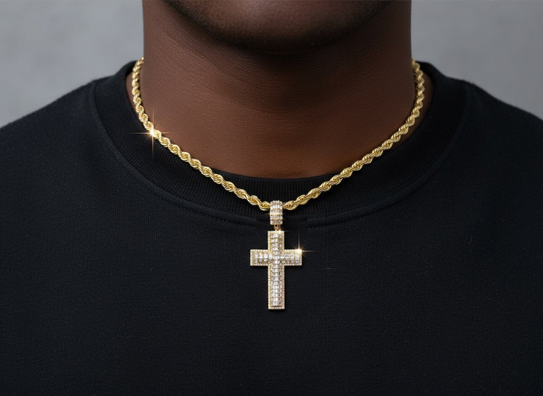 10k Gold Diamond Cross Pendant with Round & Baguette - Cut Accents 2.0ct - AVI THE JEWELER