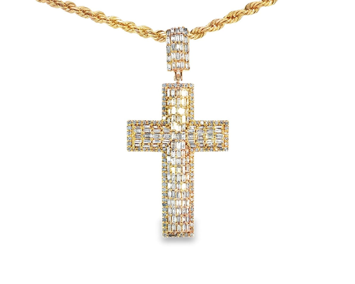 10k Gold Diamond Cross Pendant with Round & Baguette - Cut Accents 2.0ct - AVI THE JEWELER