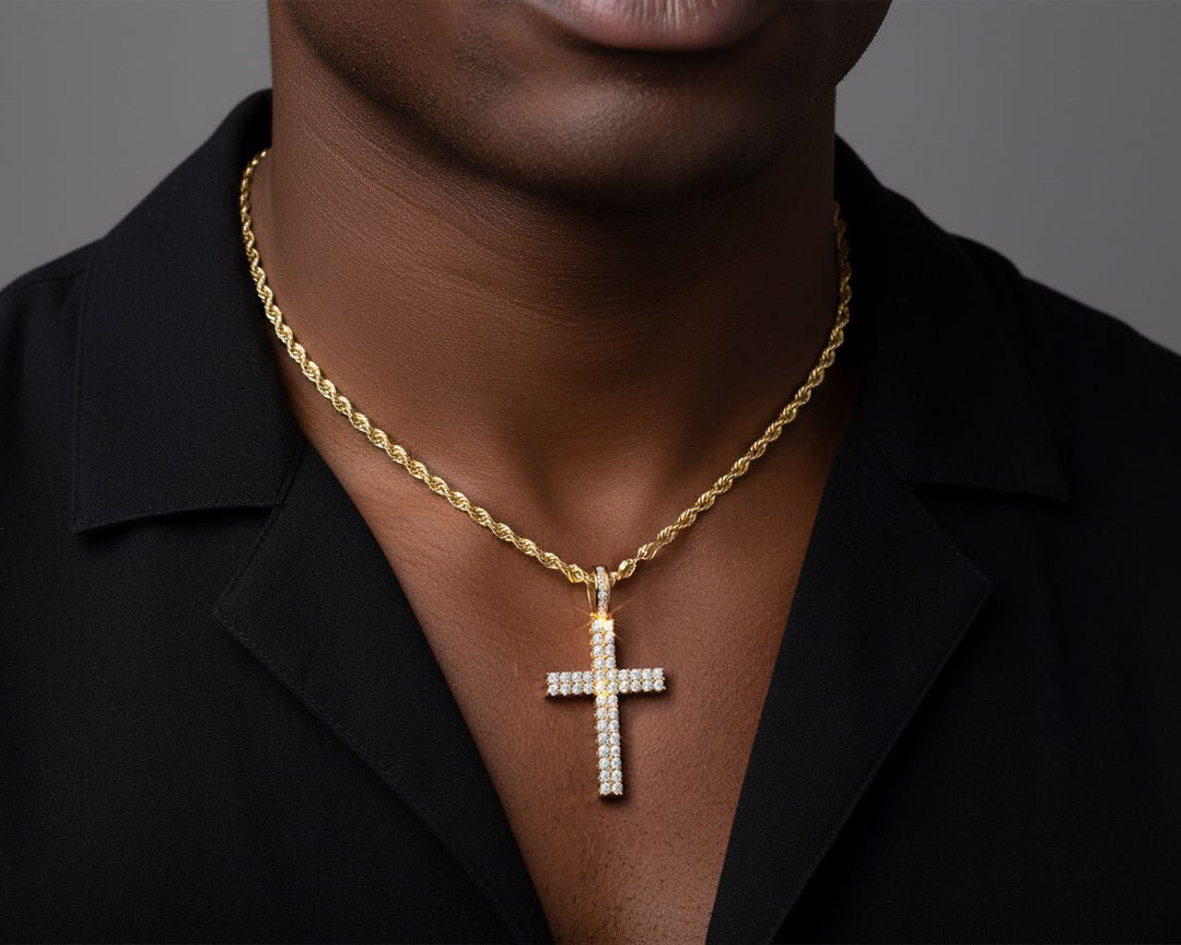 10k Gold Diamond Cross Pendant with Round - Cut Design 3.85ct - AVI THE JEWELER