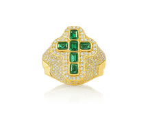 10k Gold Diamond Cross Ring with Emerald-Cut Green Stones 2.29 CT