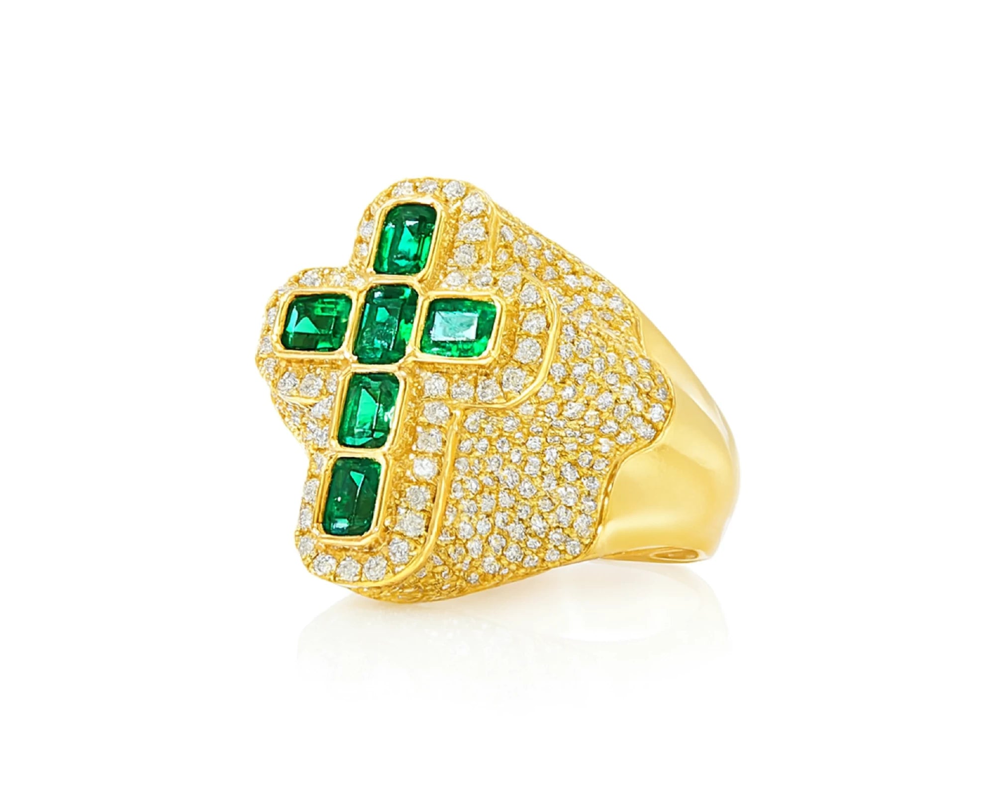 10k Gold Diamond Cross Ring with Emerald-Cut Green Stones 2.29 CT – lifestyle 2732