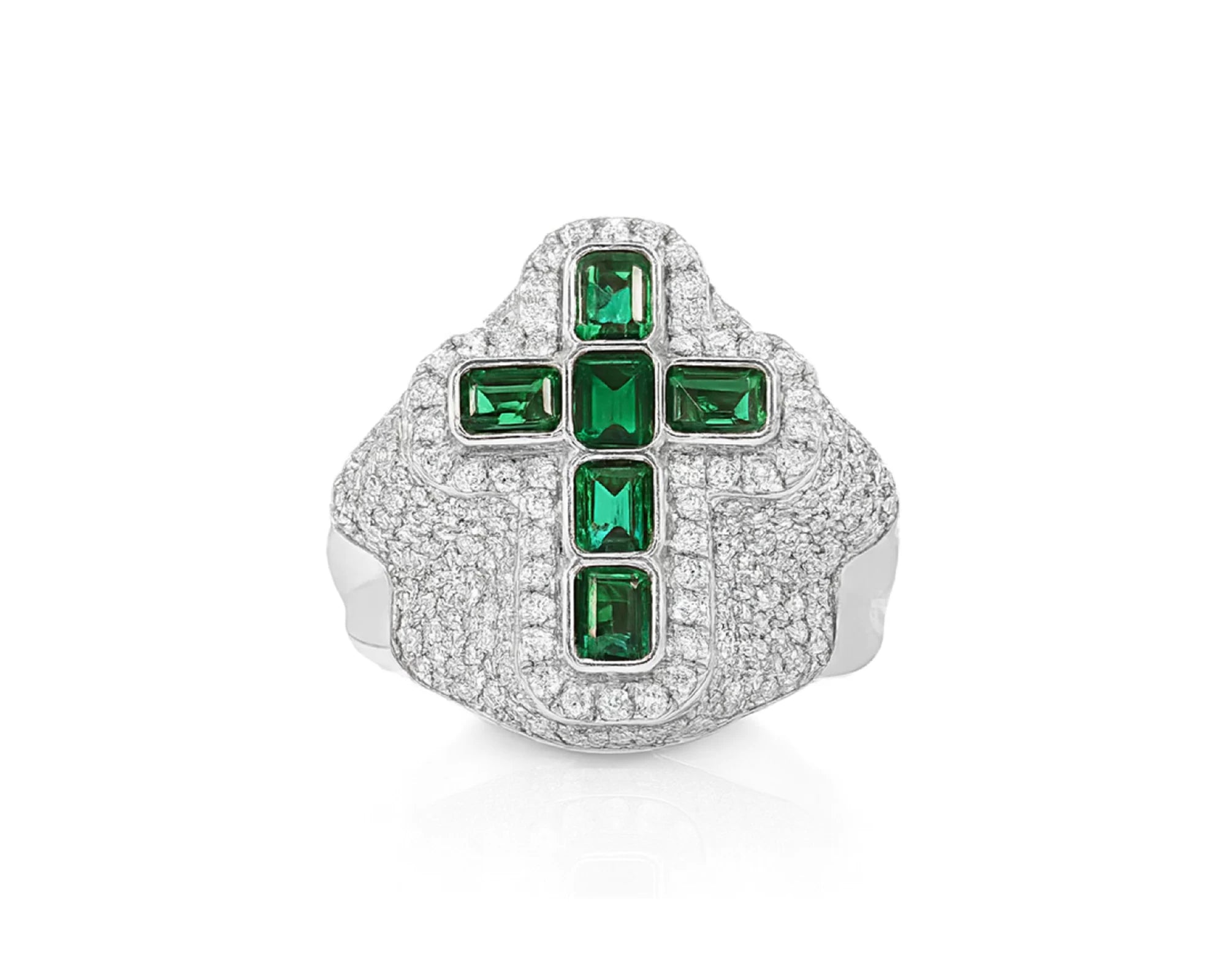 10k Gold Diamond Cross Ring with Emerald-Cut Green Stones 2.29 CT – lifestyle 2735