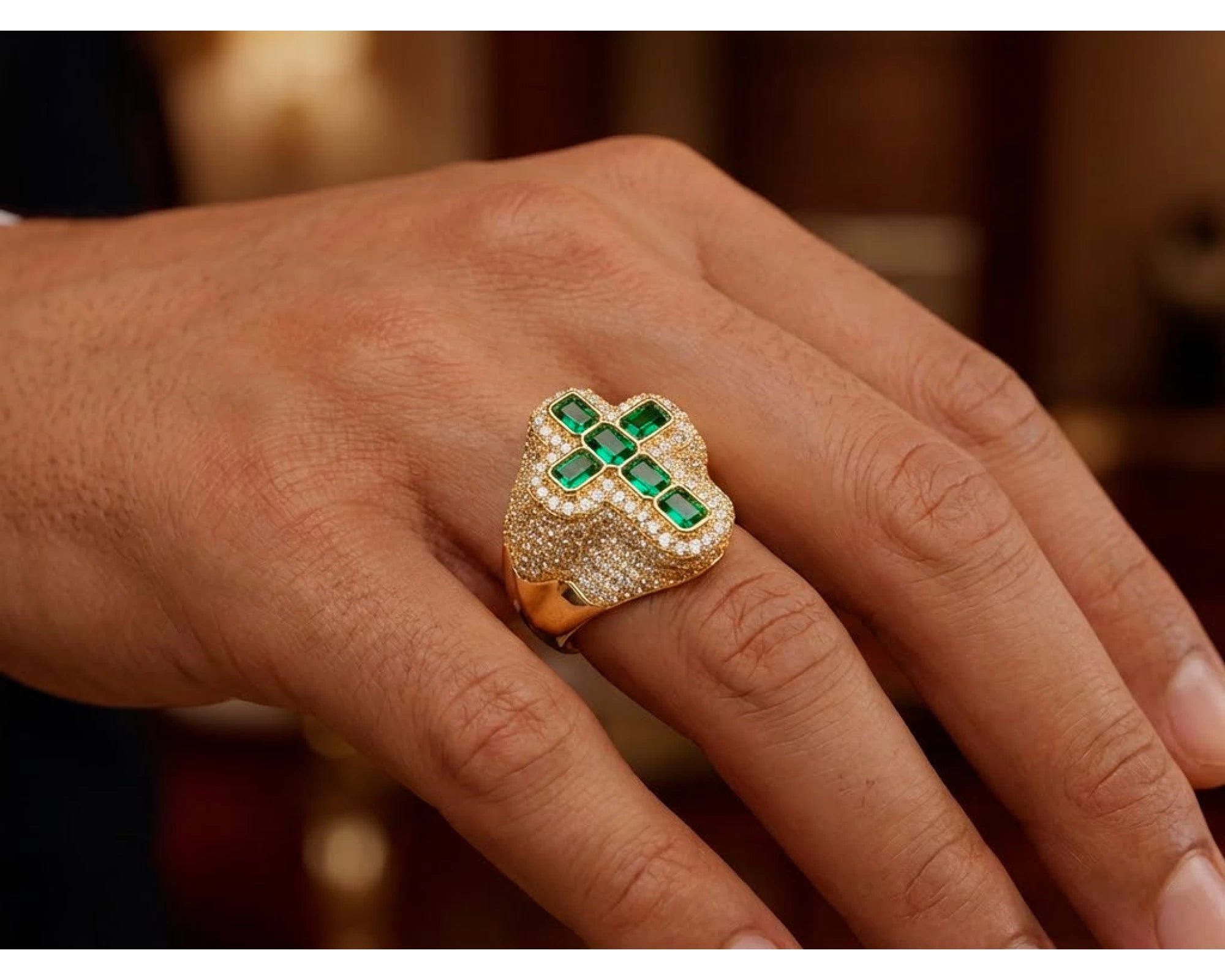 10k Gold Diamond Cross Ring with Emerald-Cut Green Stones 2.29 CT – view 2