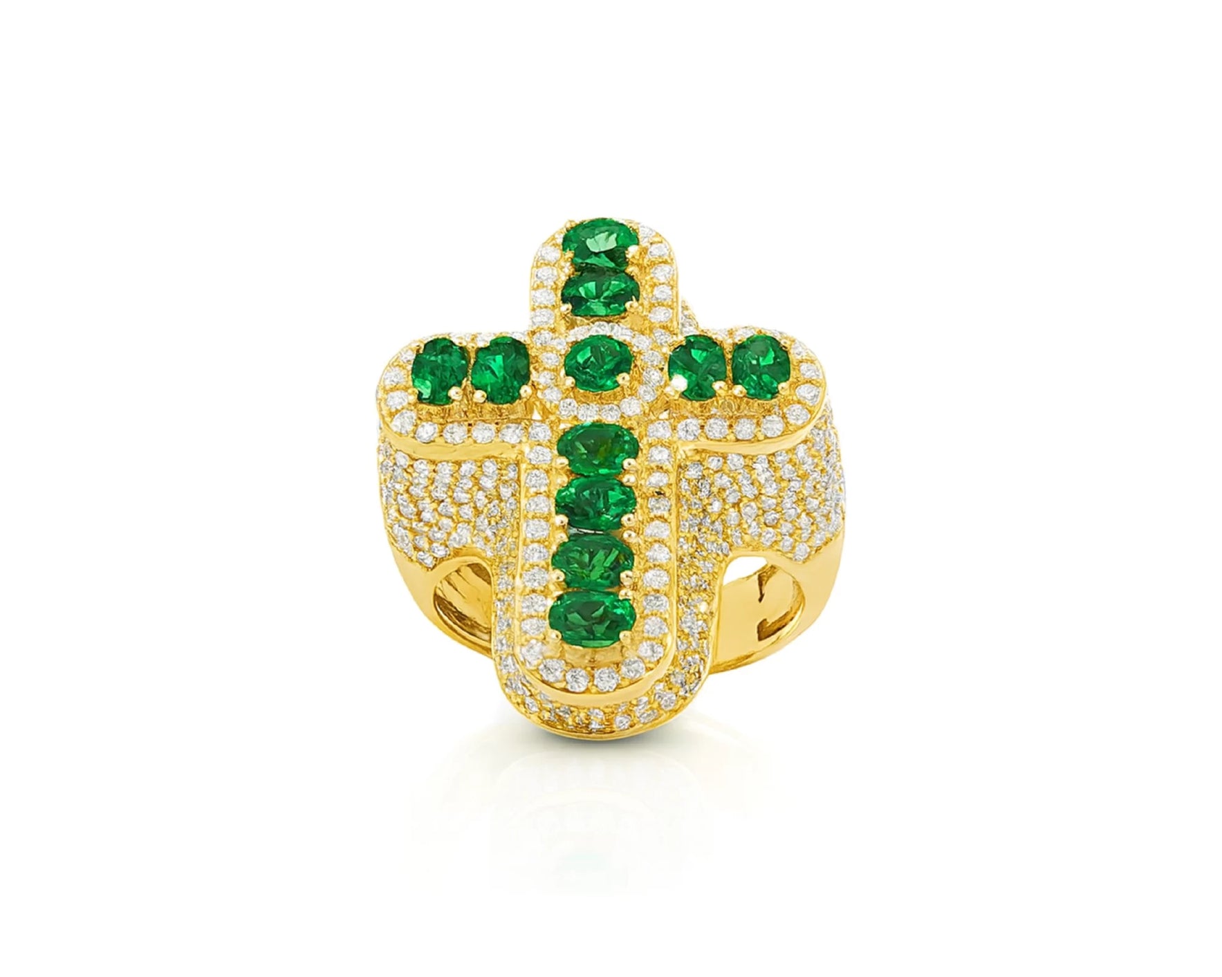 10K Gold Diamond Cross Ring with Green Round-Cut Stones & Pavé Halo 2.95ct – lifestyle 1366