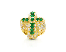 10K Gold Diamond Cross Ring with Green Round-Cut Stones & Pavé Halo 2.95ct