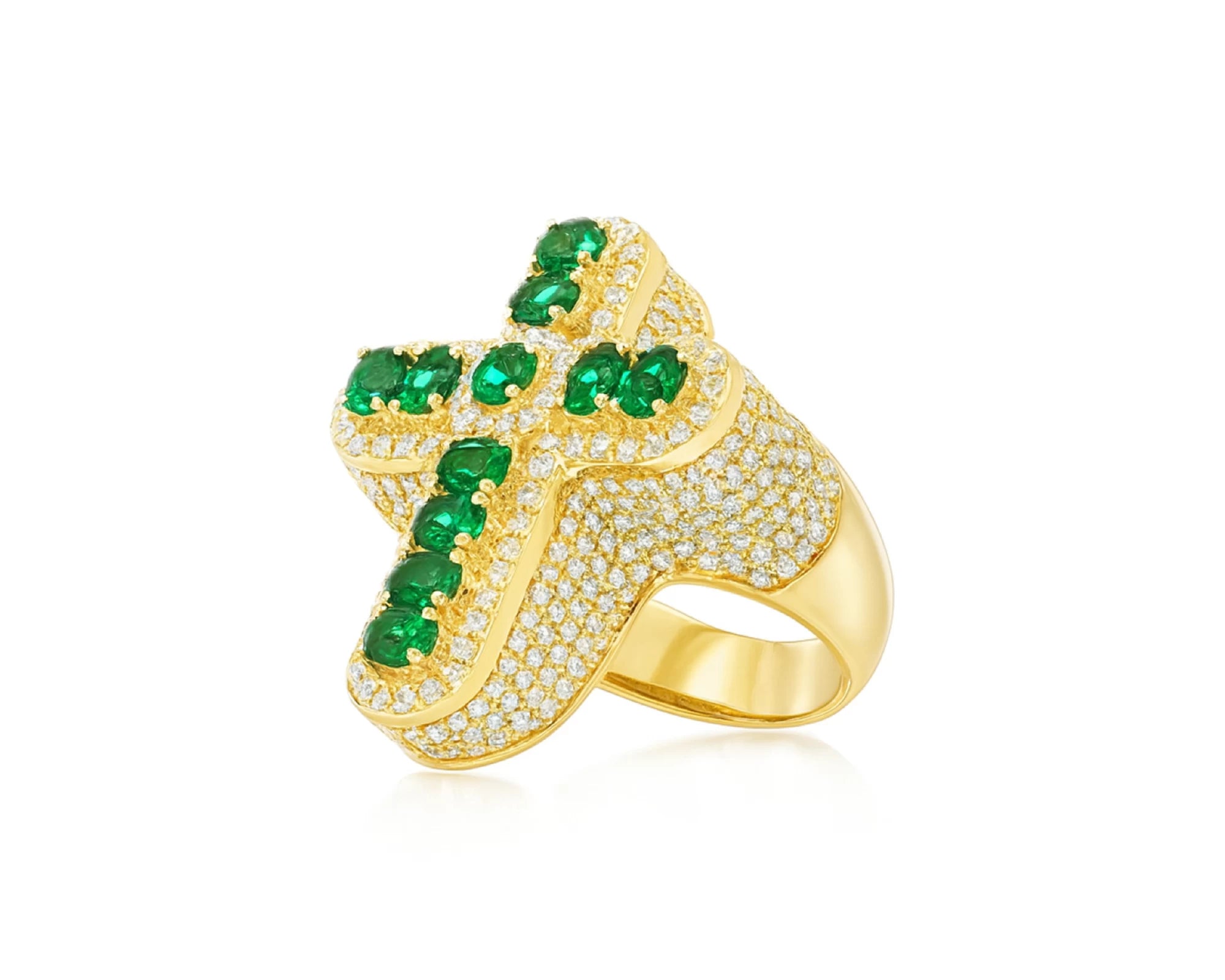 10K Gold Diamond Cross Ring with Green Round-Cut Stones & Pavé Halo 2.95ct – lifestyle 1367