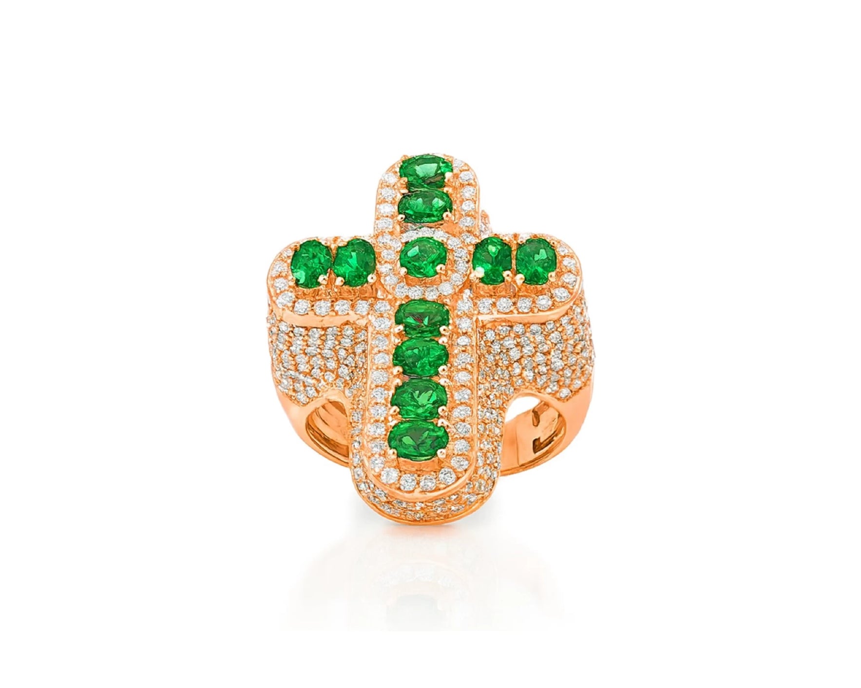 10K Gold Diamond Cross Ring with Green Round-Cut Stones & Pavé Halo 2.95ct – lifestyle 1369
