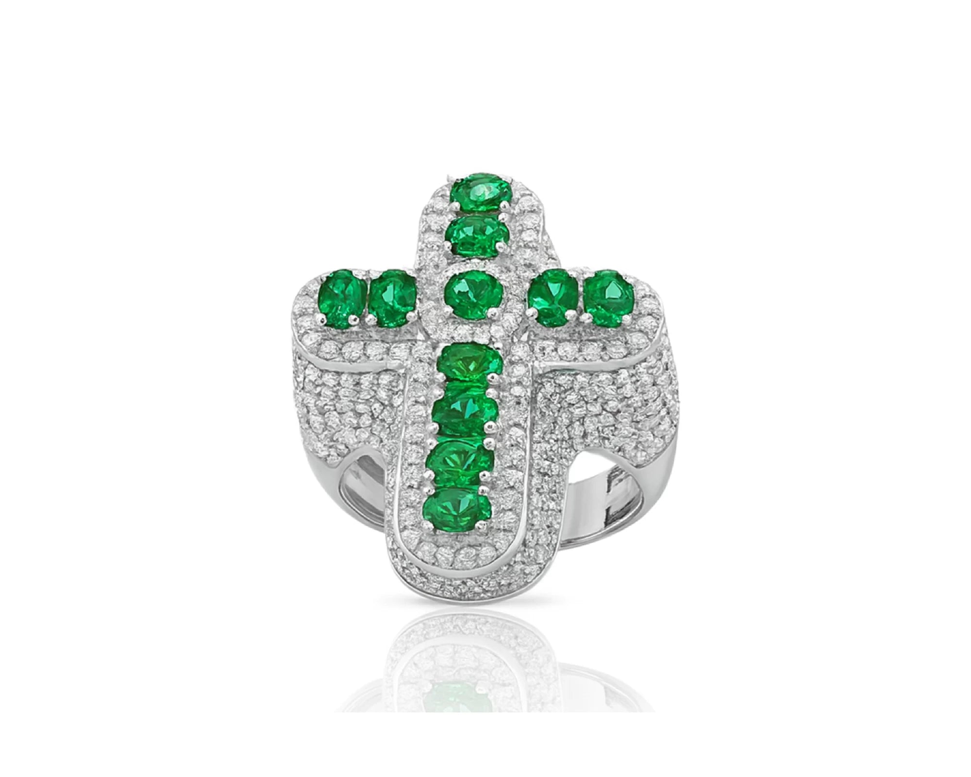 10K Gold Diamond Cross Ring with Green Round-Cut Stones & Pavé Halo 2.95ct – lifestyle 1370