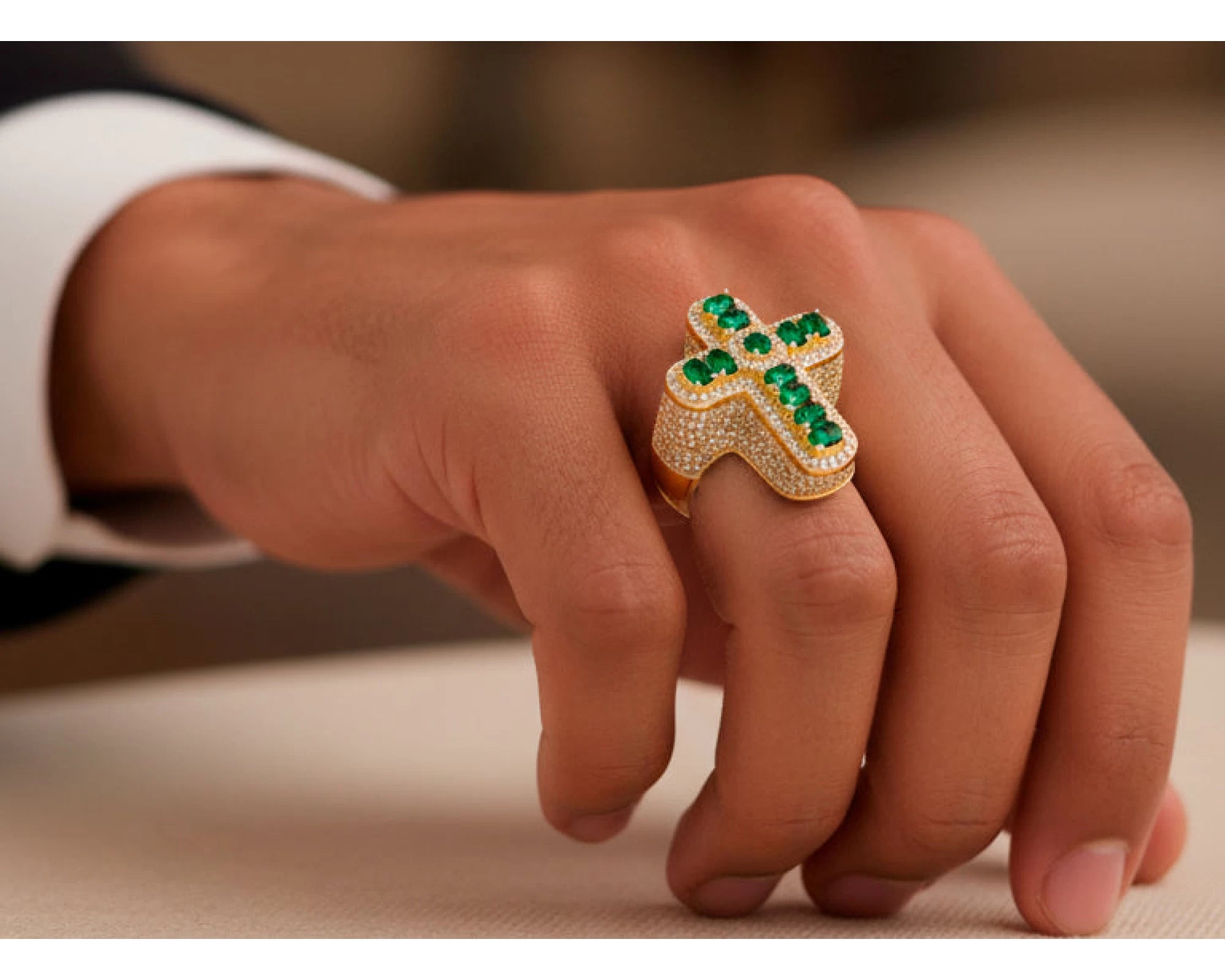 10K Gold Diamond Cross Ring with Green Round-Cut Stones & Pavé Halo 2.95ct – view 2