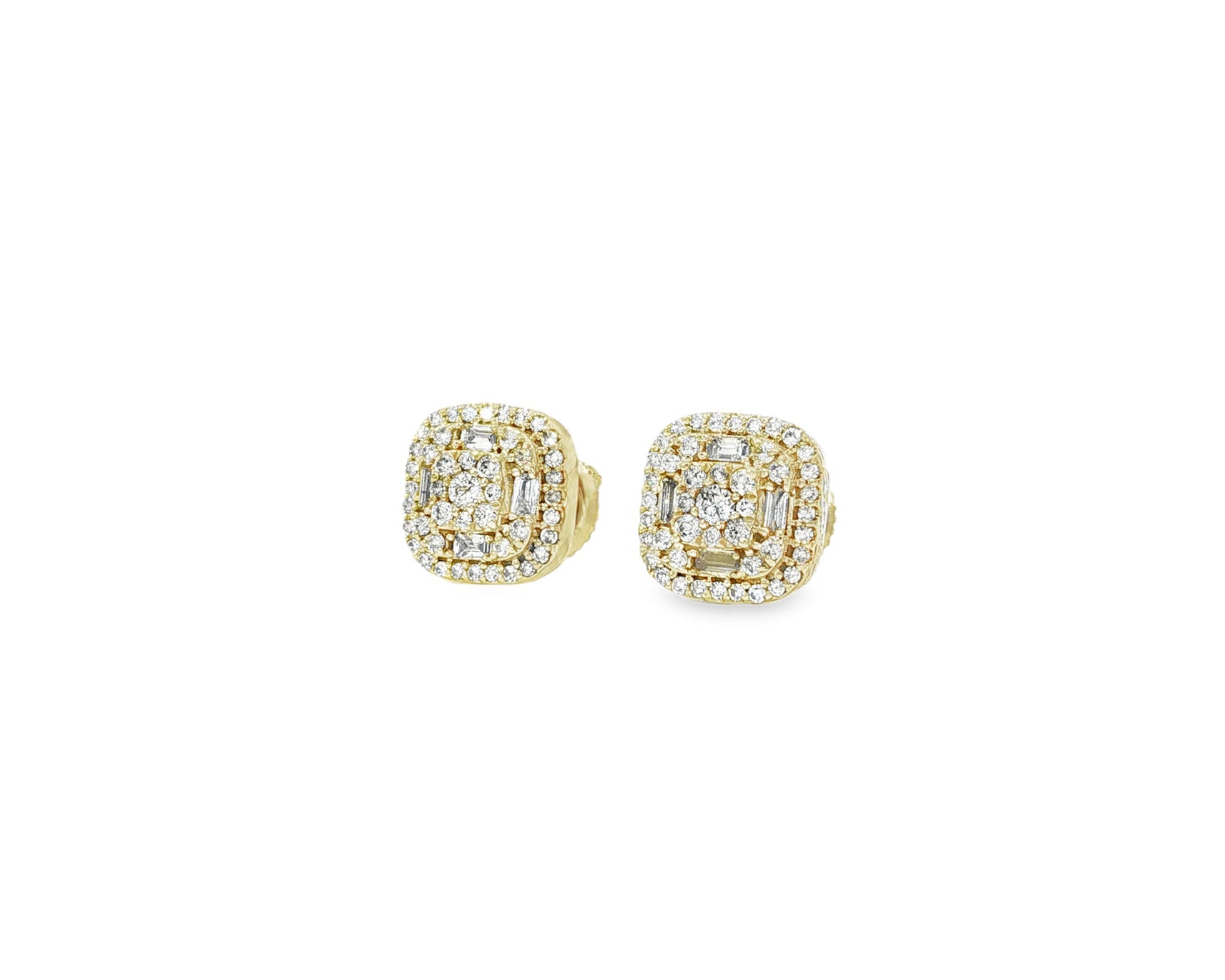 10k Gold Diamond Cushion - Shape Stud Earrings with Round & Baguette Accents 0.60ct - AVI THE JEWELER