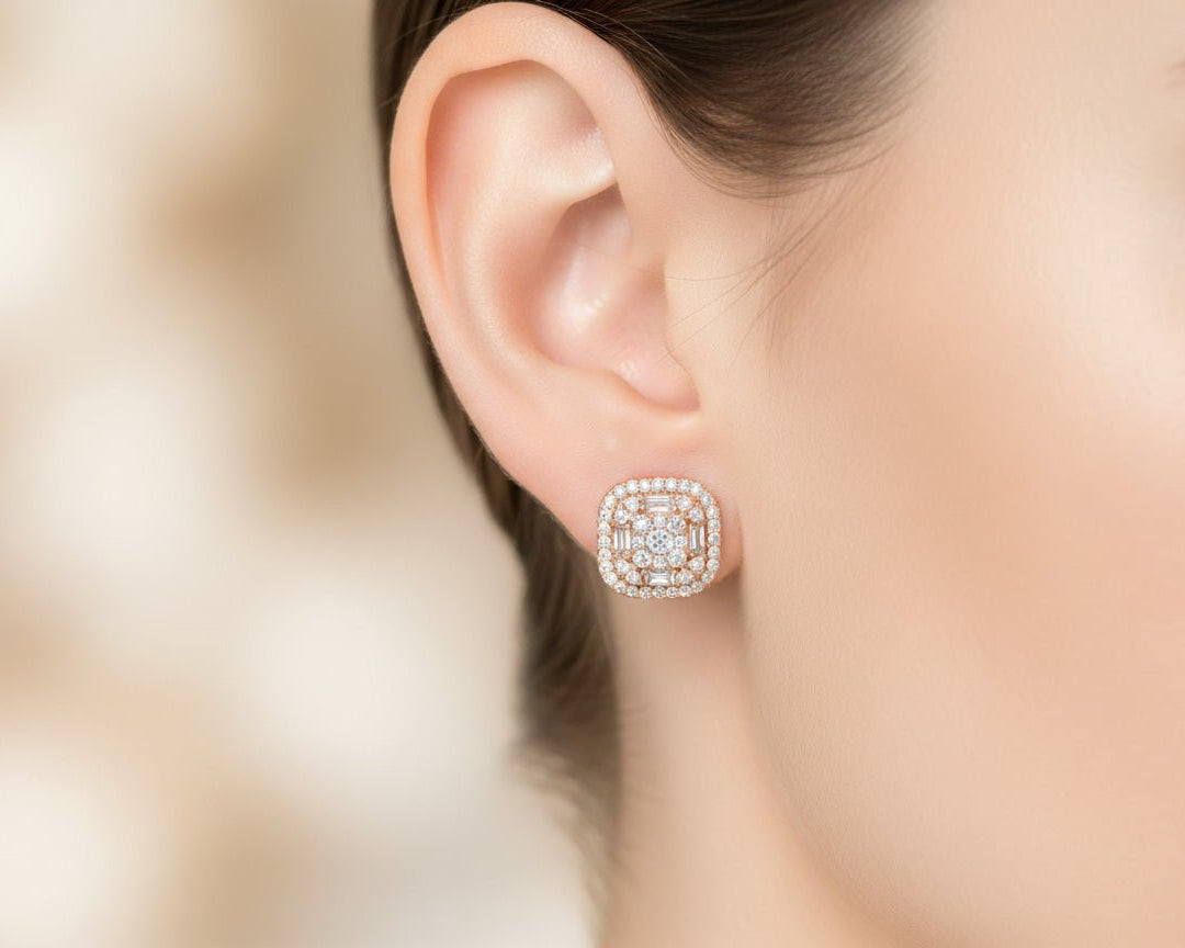 10k Gold Diamond Cushion - Shape Stud Earrings with Round & Baguette Accents 0.60ct - AVI THE JEWELER