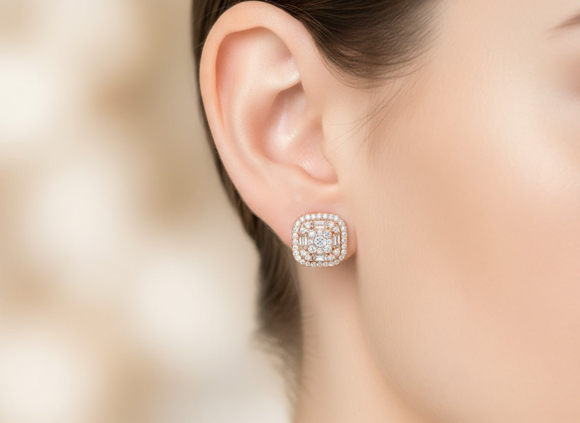 10k Gold Diamond Cushion - Shape Stud Earrings with Round & Baguette Accents 0.60ct - AVI THE JEWELER