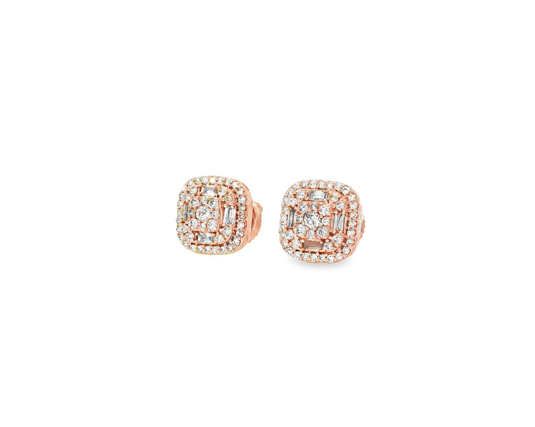 10k Gold Diamond Cushion - Shape Stud Earrings with Round & Baguette Accents 0.60ct - AVI THE JEWELER