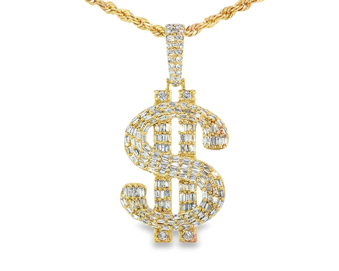 10k Gold Diamond Dollar Sign Pendant with Round & Baguette Accents 2.5ct - AVI THE JEWELER