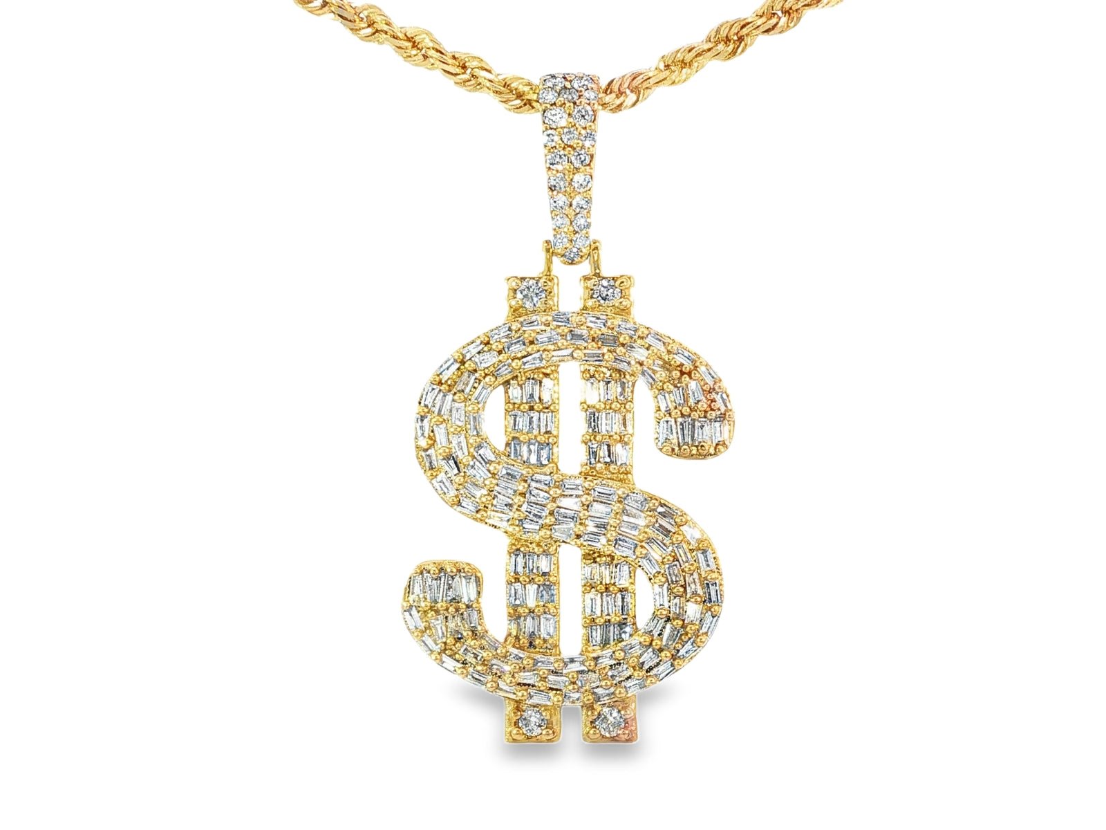 10k Gold Diamond Dollar Sign Pendant with Round & Baguette Accents 2.5ct - AVI THE JEWELER