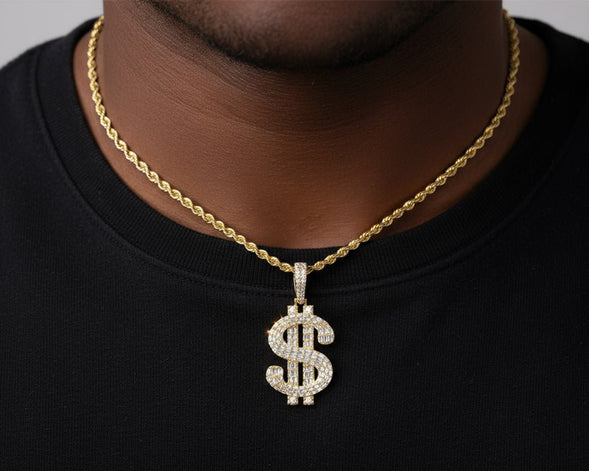 10k Gold Diamond Dollar Sign Pendant with Round & Baguette Accents 2.5ct - AVI THE JEWELER