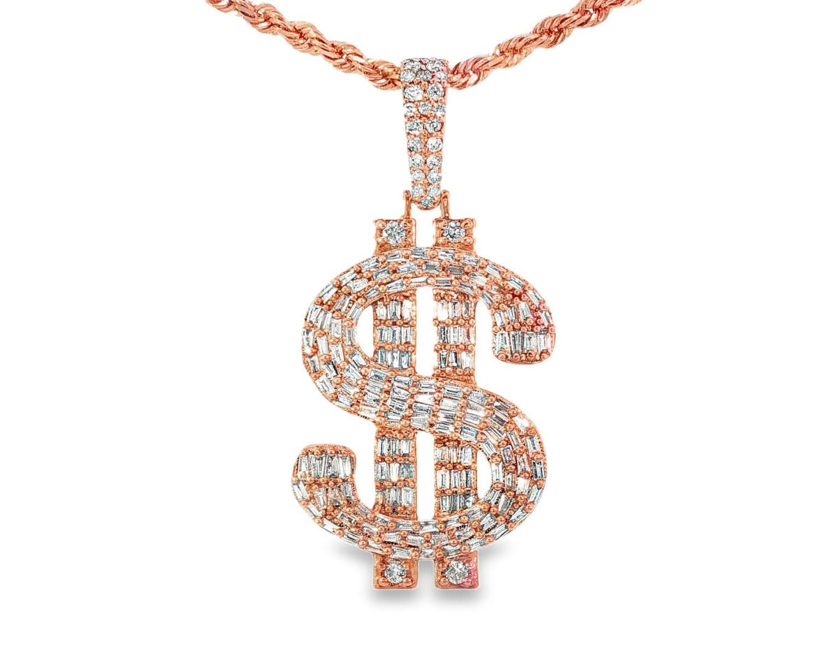 10k Gold Diamond Dollar Sign Pendant with Round & Baguette Accents 2.5ct - AVI THE JEWELER