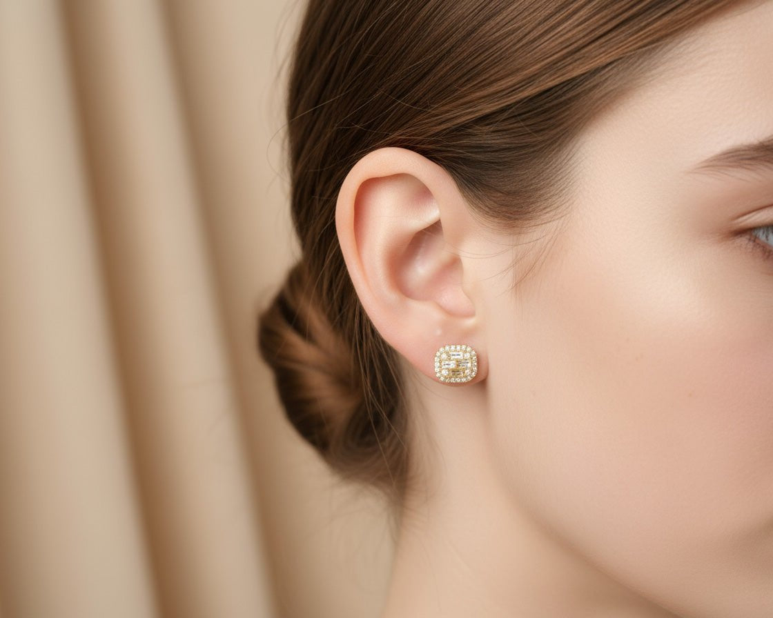 10k Gold Diamond Earrings with Baguette & Round Cluster Cushion Design 0.37ct - AVI THE JEWELER