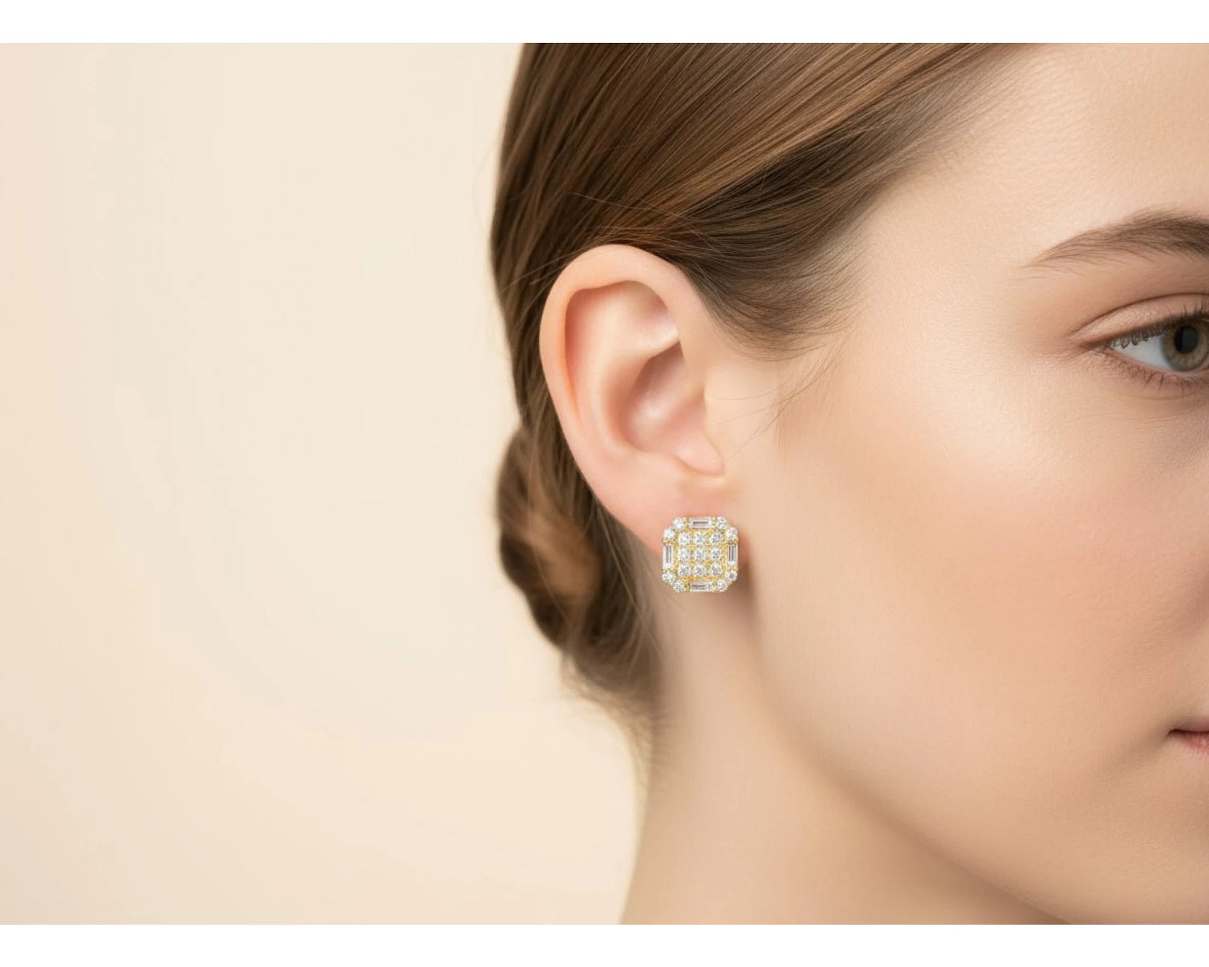 10k Gold Diamond Earrings with Round & Baguette-Cut Geometric Cluster Design 1.05ct – view 2