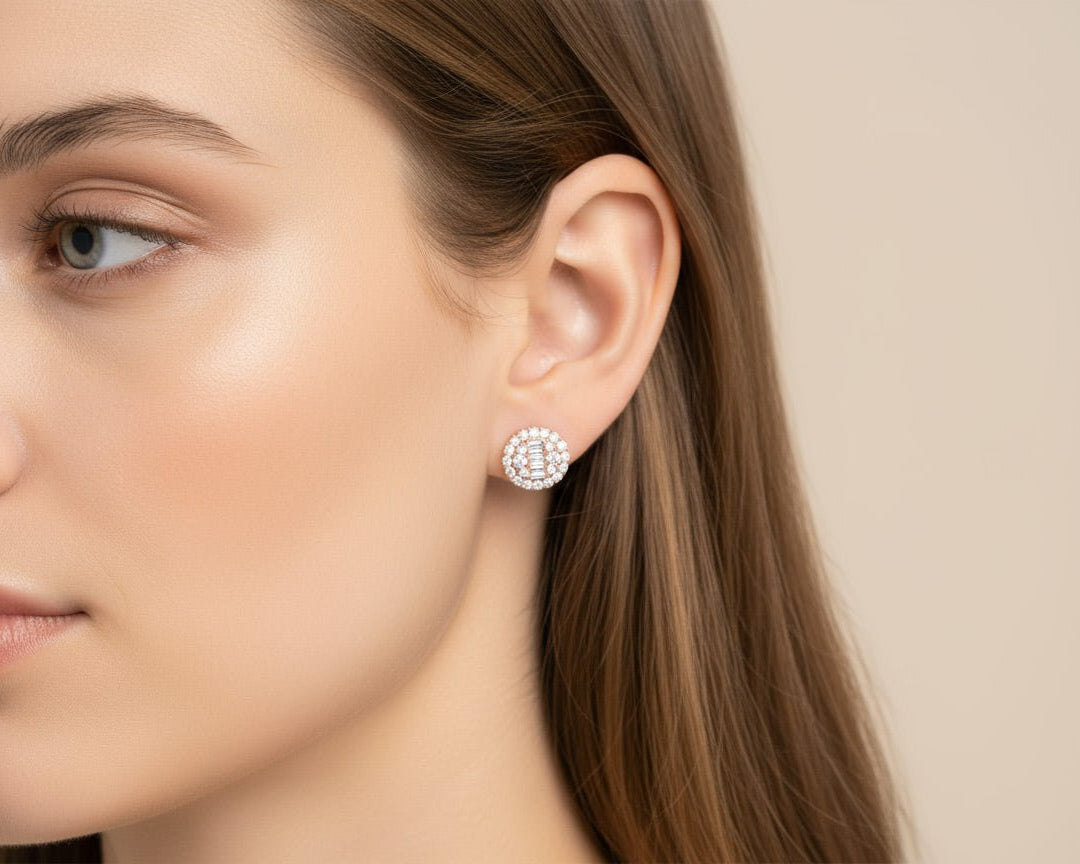 10k Gold Diamond Earrings with Round & Baguette - Cut Halo Circle Design 0.74ct - AVI THE JEWELER