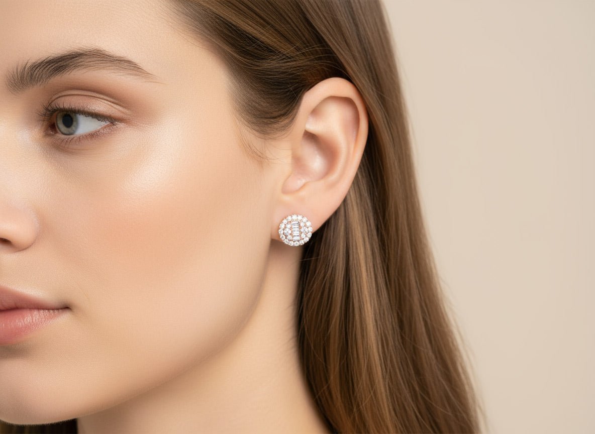 10k Gold Diamond Earrings with Round & Baguette - Cut Halo Circle Design 0.74ct - AVI THE JEWELER