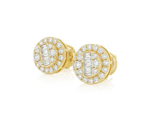 10k Gold Diamond Earrings with Round & Baguette-Cut Halo Circle Design 0.74ct
