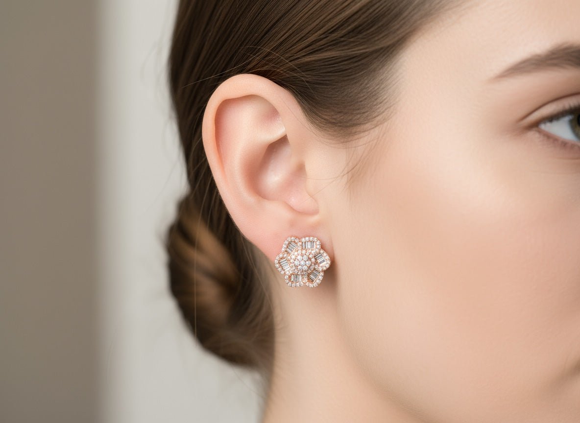 10k Gold Diamond Floral Earrings with Round & Baguette Accents 0.73ct - AVI THE JEWELER