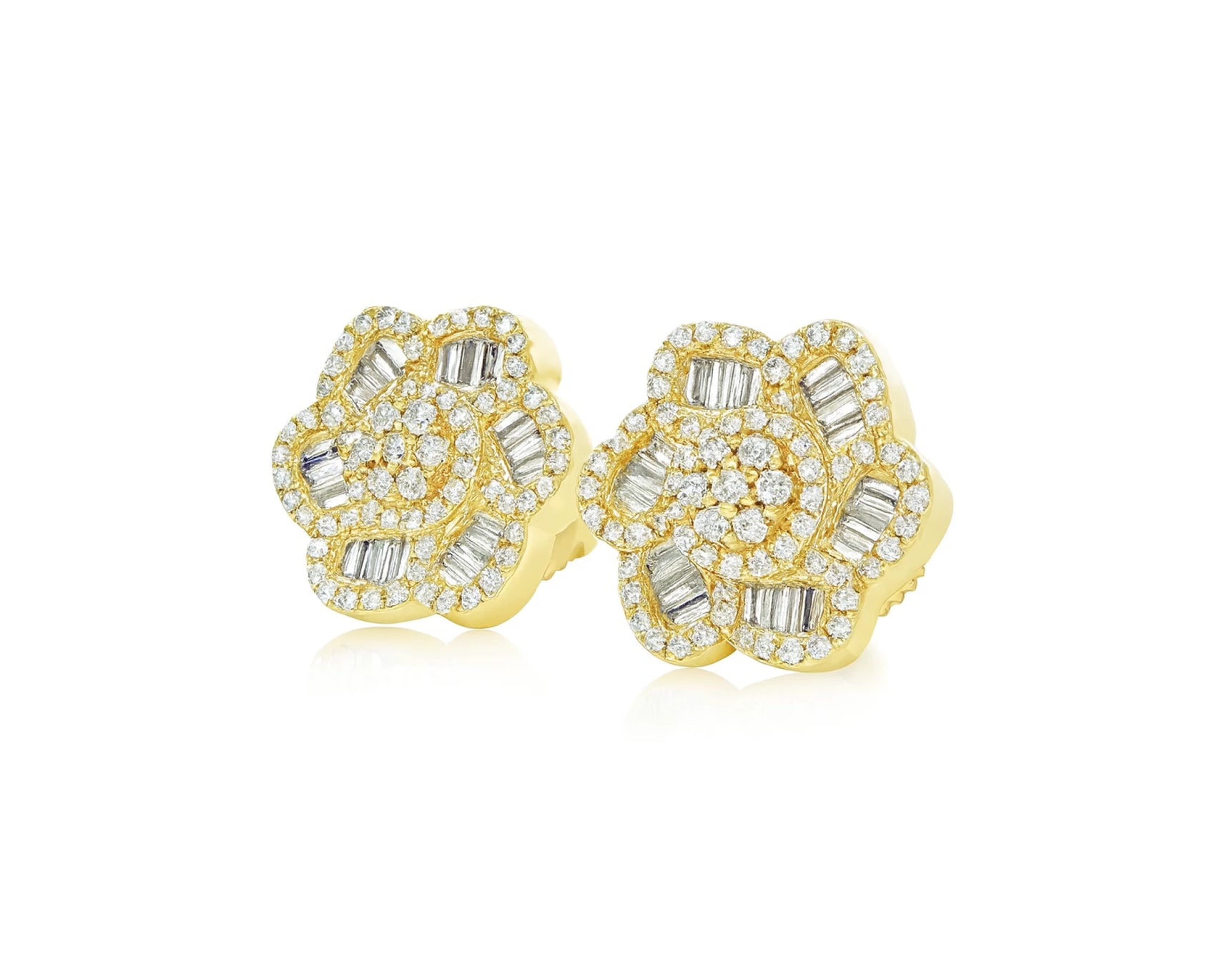 10k Gold Diamond Floral Earrings with Round & Baguette Accents 0.73ct – lifestyle 3960