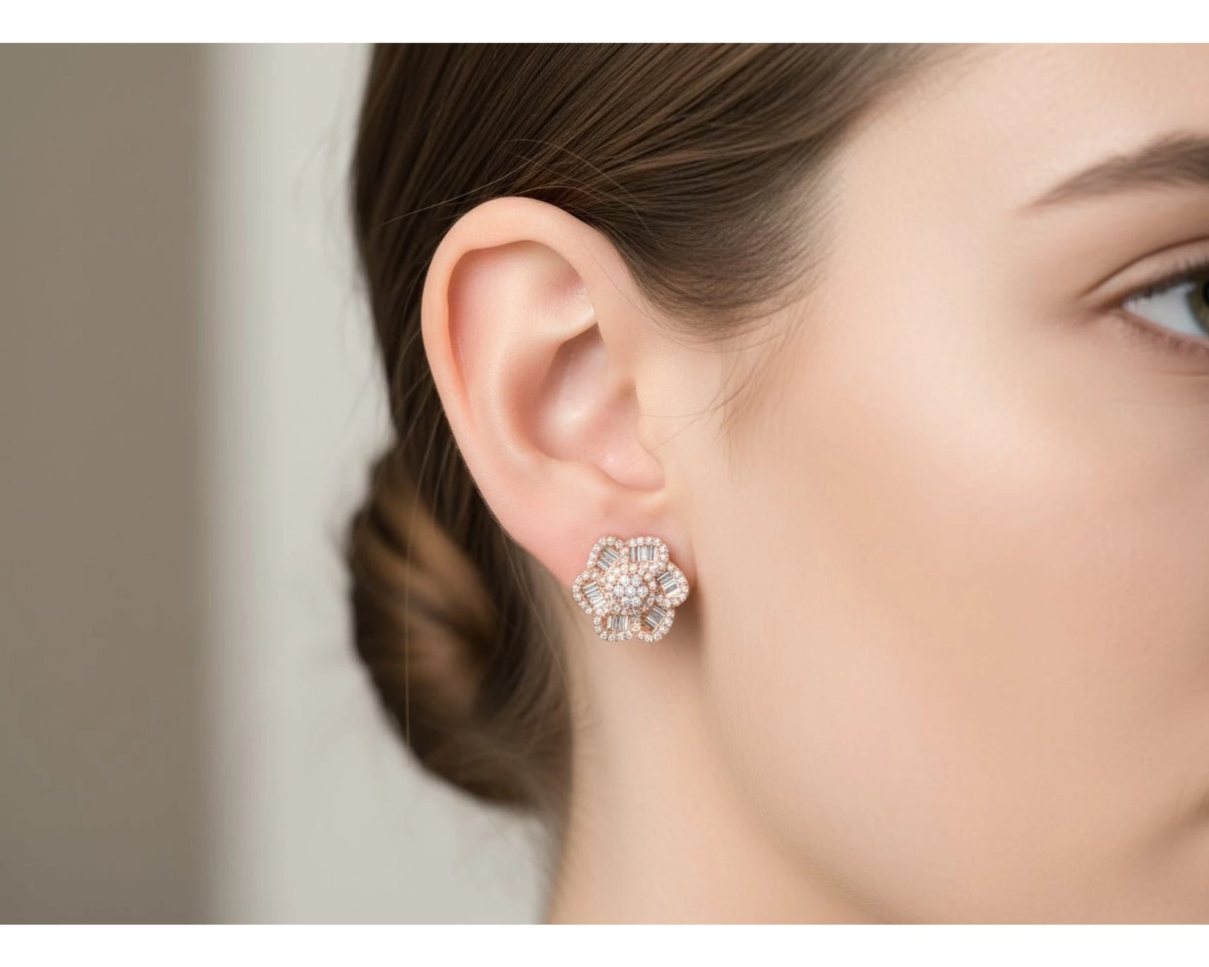 10k Gold Diamond Floral Earrings with Round & Baguette Accents 0.73ct – view 2