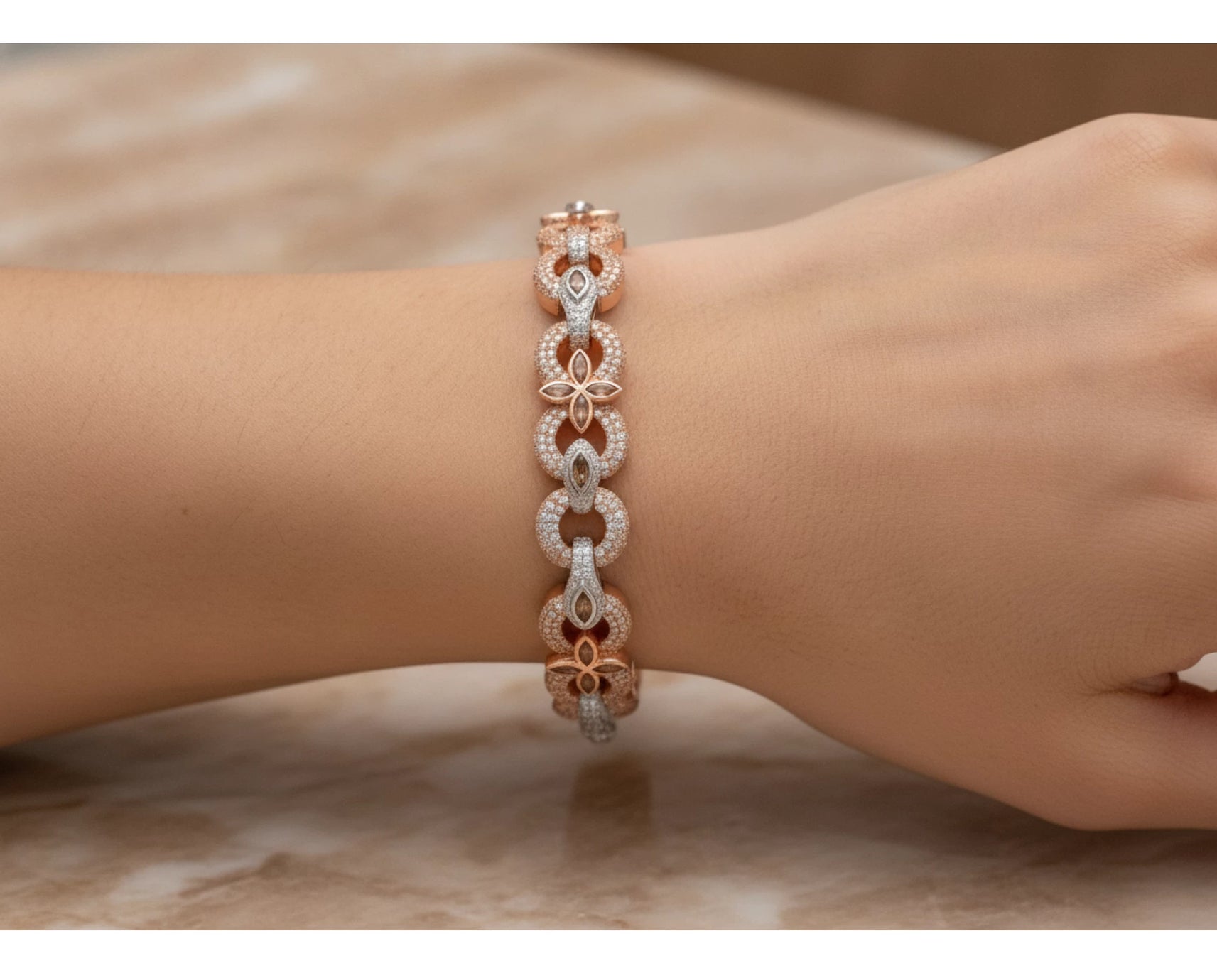 10K Gold Diamond Floral Link Bracelet with Marquise Accents & Pavé Design 3.5ct – lifestyle 4157