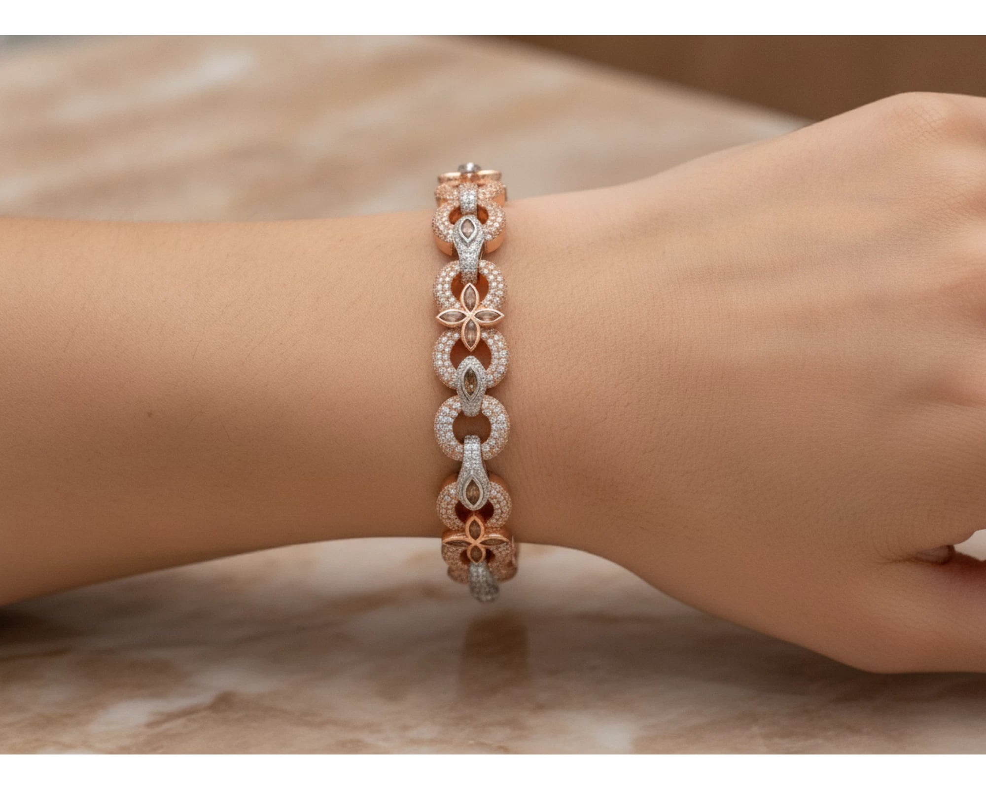 10K Gold Diamond Floral Link Bracelet with Marquise Accents & Pavé Design 3.5ct – lifestyle 4157
