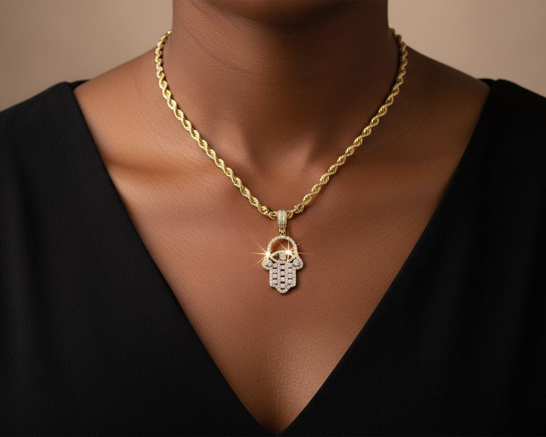 10k Gold Diamond Hamsa Hand Pendant with Round - Cut Accents 1.95ct - AVI THE JEWELER