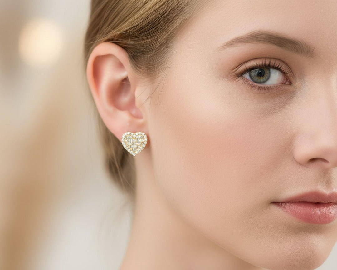 10k Gold Diamond Heart Earrings with Round & Baguette Cluster Design 0.75ct - AVI THE JEWELER