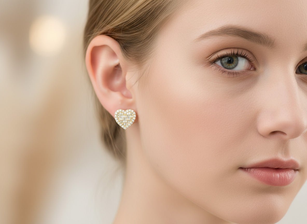 10k Gold Diamond Heart Earrings with Round & Baguette Cluster Design 0.75ct - AVI THE JEWELER