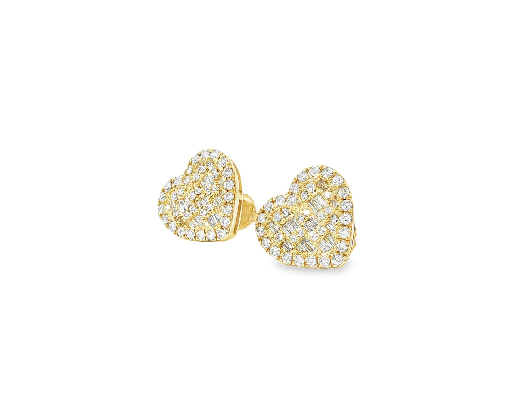 10k Gold Diamond Heart Earrings with Round & Baguette Cluster Design 0.75ct - AVI THE JEWELER