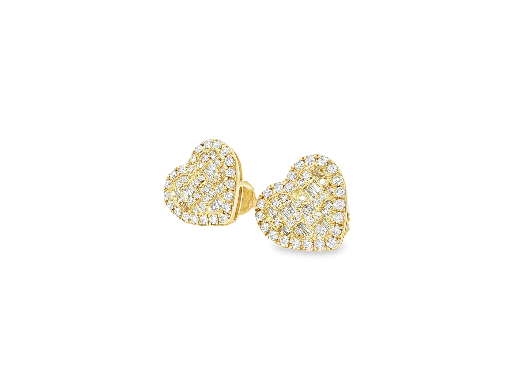 10k Gold Diamond Heart Earrings with Round & Baguette Cluster Design 0.75ct - AVI THE JEWELER