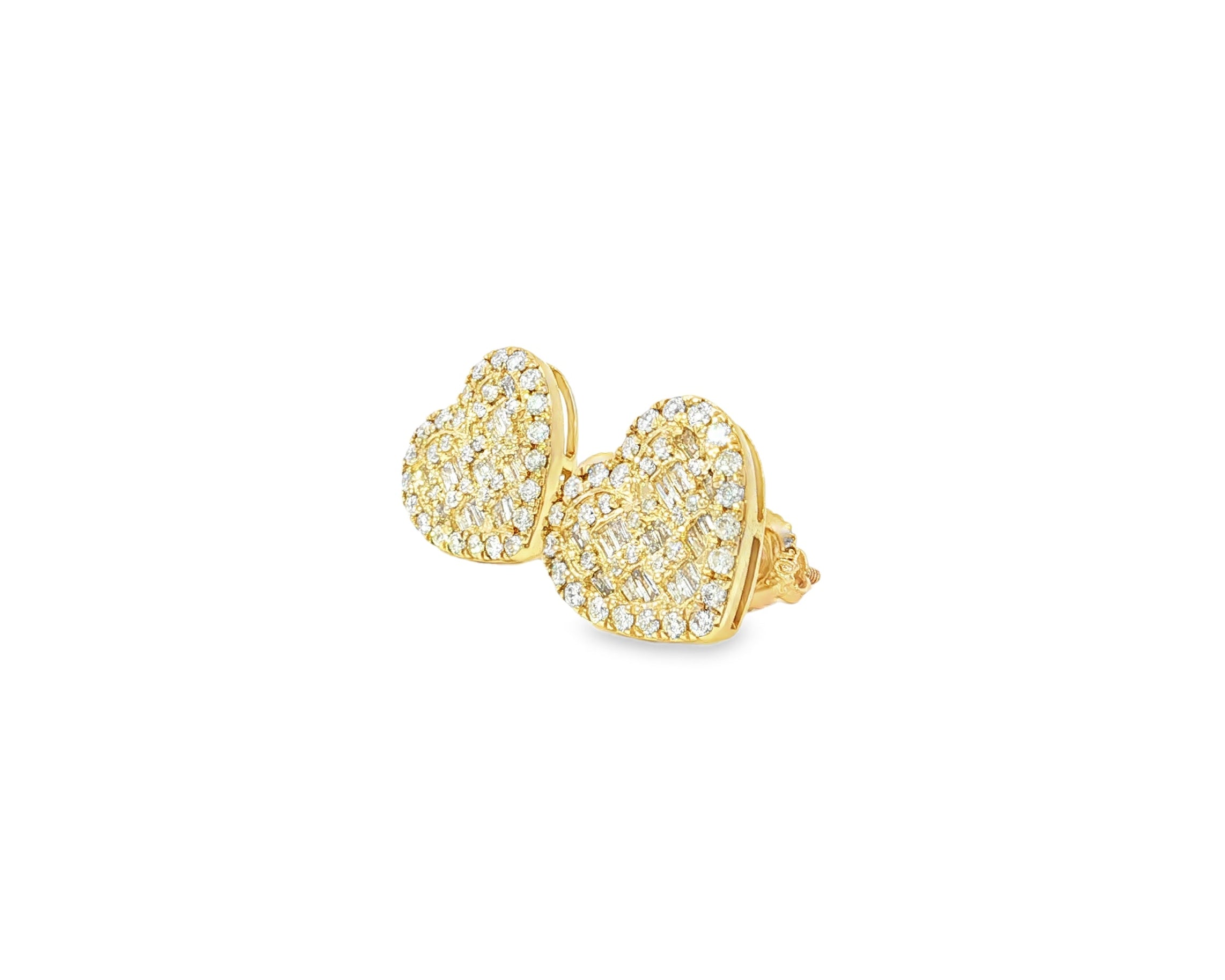 10k Gold Diamond Heart Earrings with Round & Baguette Cluster Design 0.75ct - AVI THE JEWELER