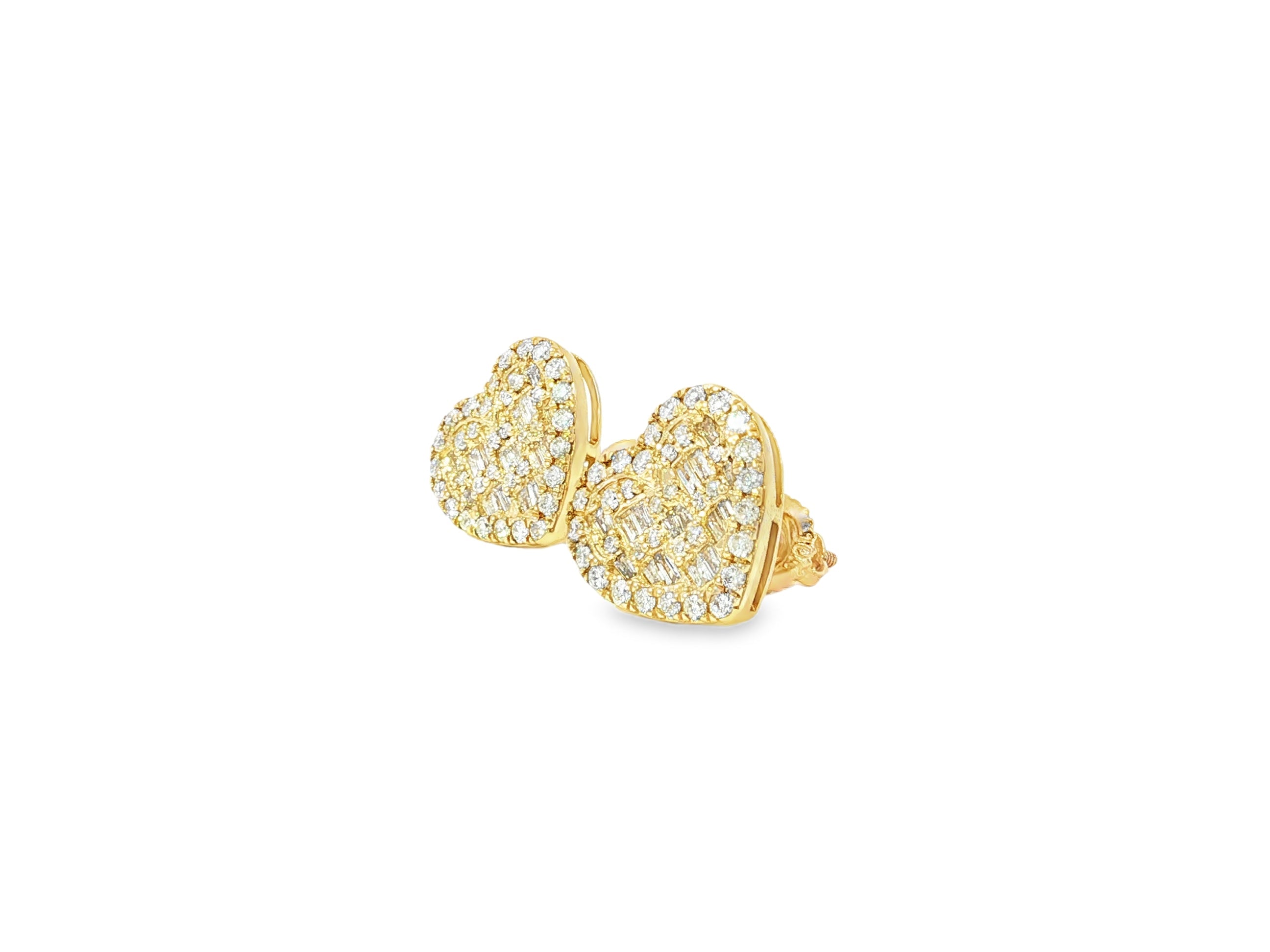 10k Gold Diamond Heart Earrings with Round & Baguette Cluster Design 0.75ct - AVI THE JEWELER