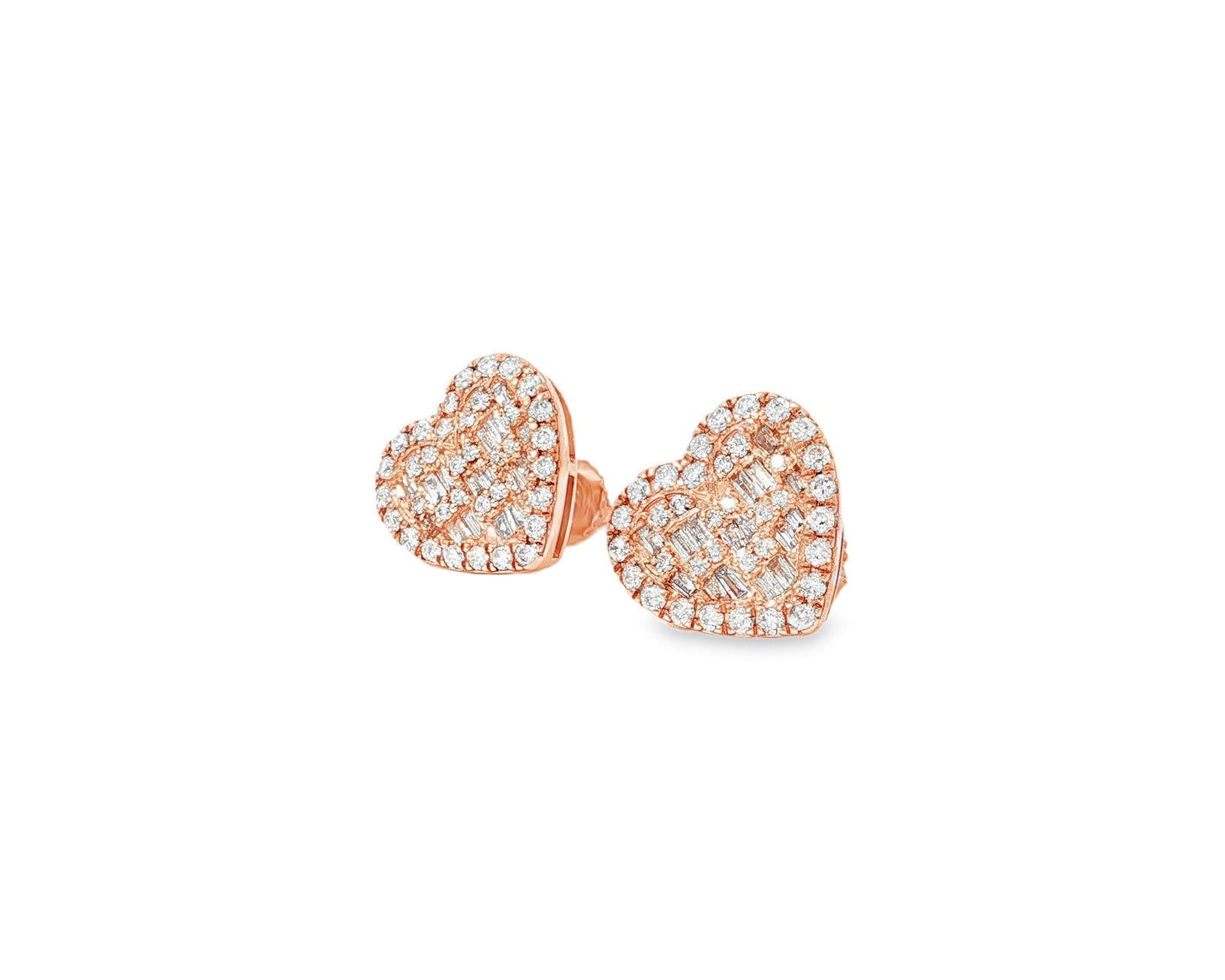 10k Gold Diamond Heart Earrings with Round & Baguette Cluster Design 0.75ct - AVI THE JEWELER