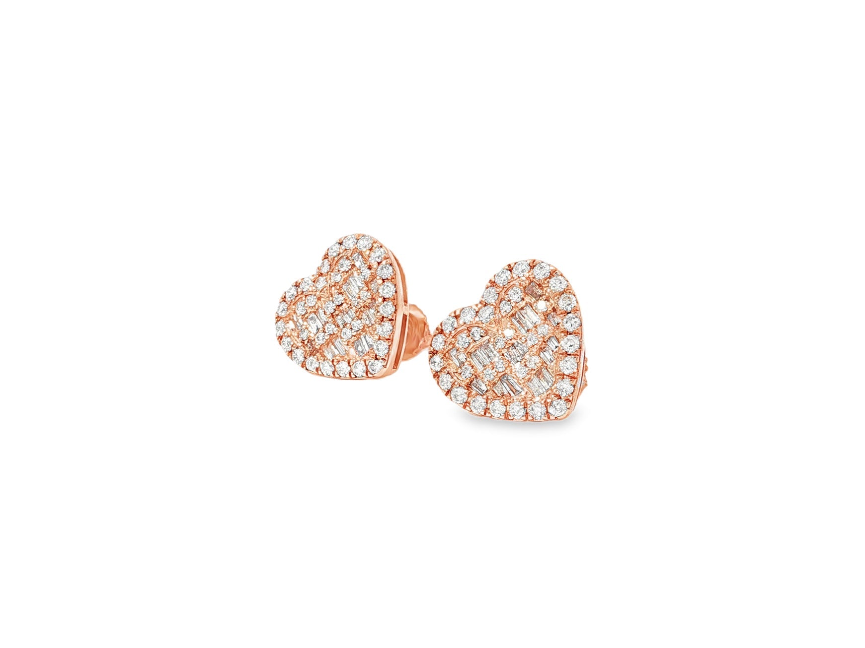 10k Gold Diamond Heart Earrings with Round & Baguette Cluster Design 0.75ct - AVI THE JEWELER