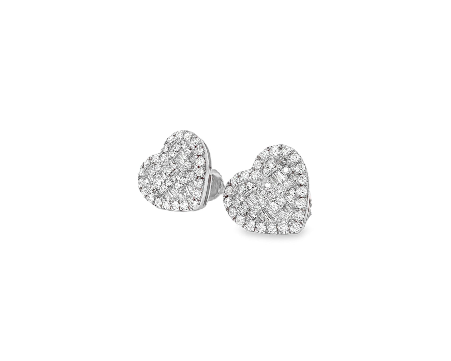 10k Gold Diamond Heart Earrings with Round & Baguette Cluster Design 0.75ct - AVI THE JEWELER