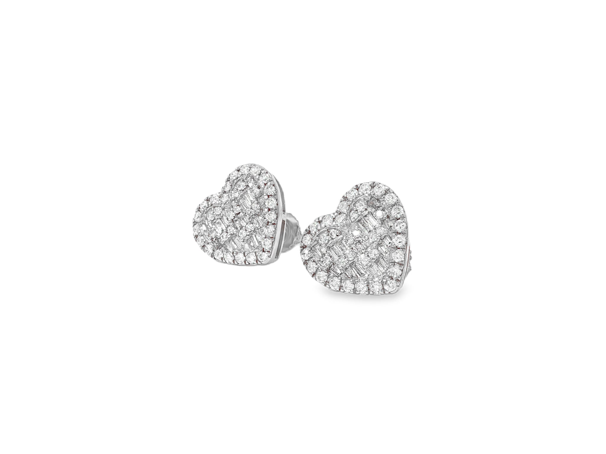 10k Gold Diamond Heart Earrings with Round & Baguette Cluster Design 0.75ct - AVI THE JEWELER
