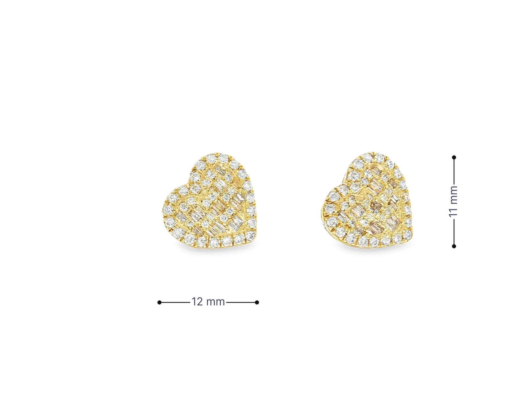 10k Gold Diamond Heart Earrings with Round & Baguette Cluster Design 0.75ct - AVI THE JEWELER