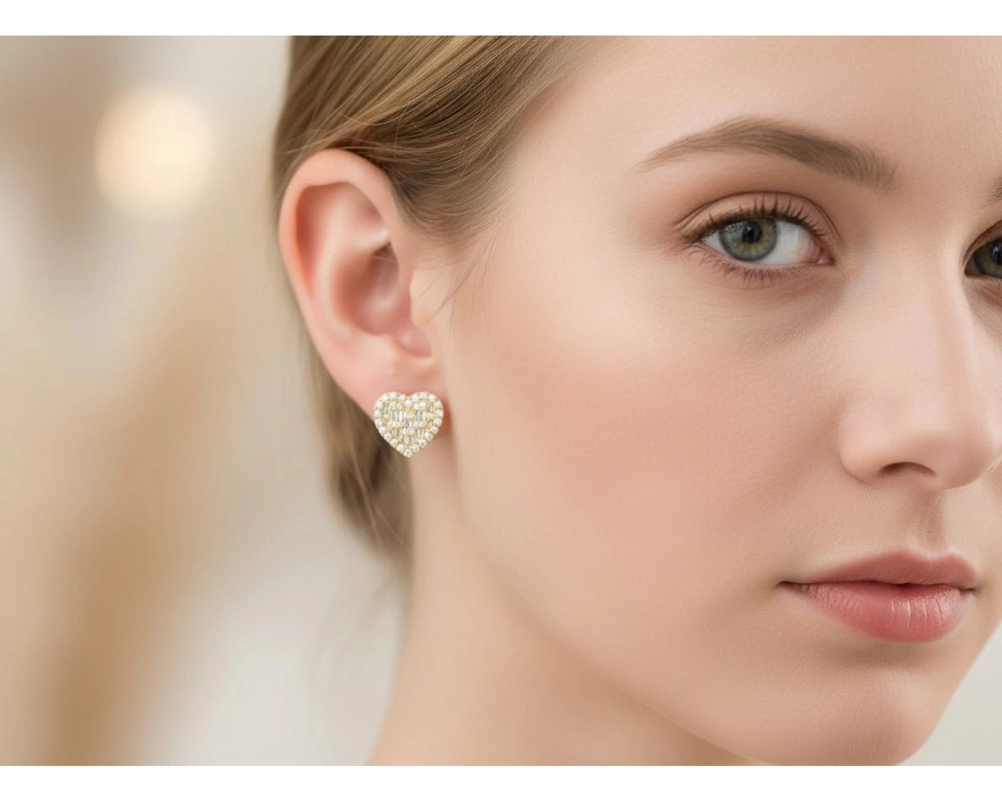 10k Gold Diamond Heart Earrings with Round & Baguette Cluster Design 0.75ct – view 2