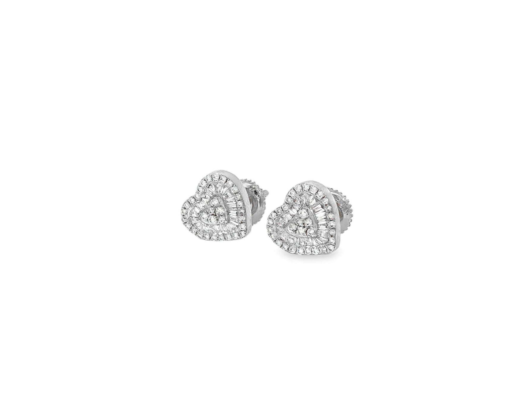 10k Gold Diamond Heart Earrings with Round & Baguette - Cut Double Halo Design 0.37ct - AVI THE JEWELER