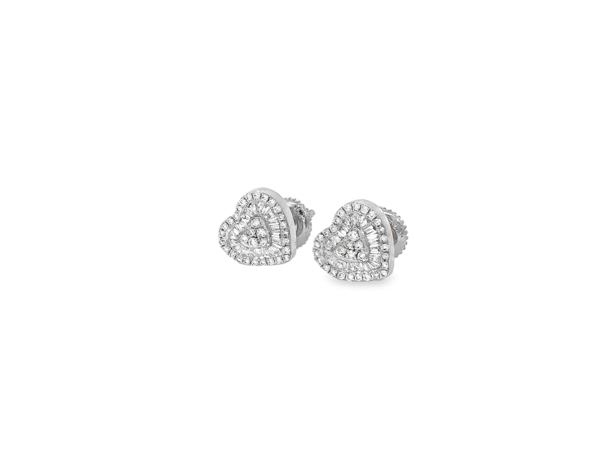 10k Gold Diamond Heart Earrings with Round & Baguette - Cut Double Halo Design 0.37ct - AVI THE JEWELER
