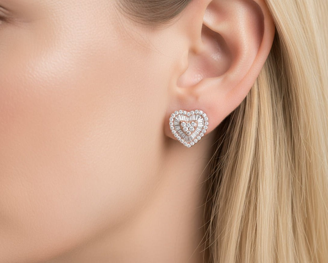 10k Gold Diamond Heart Earrings with Round & Baguette - Cut Double Halo Design 0.37ct - AVI THE JEWELER
